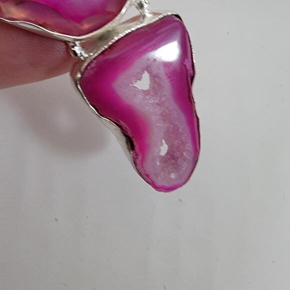 Handmade Silver Pendant with Pink Agate Slices and Freshwater Pearl - Picture 8 of 10